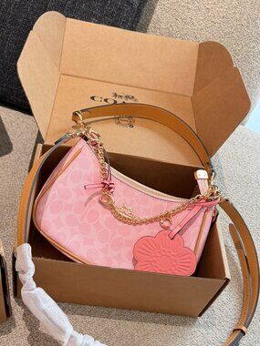 Coach Gold Powder Pink Teri Shoulder Bag Signature with Charms CEA20